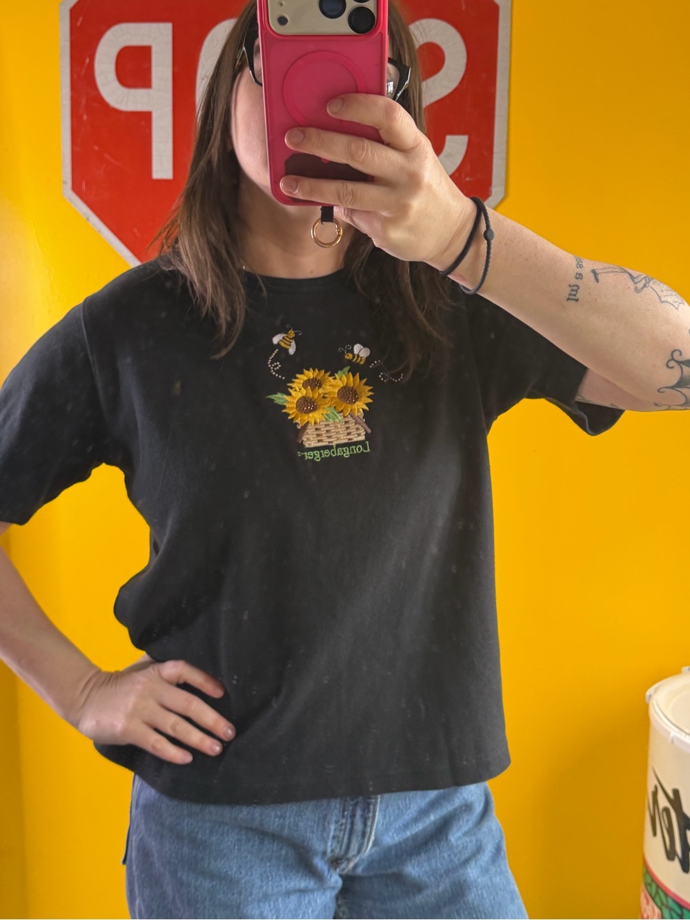 VTG Longaberger Homestead T Shirt Womens Size XL Black Embroidered sunflower